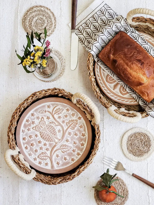 Bread Warmer and Round Basket with KORISSA Owl Design terracotta ceramic plate and loaf on napkin on Tampa Home & Garden Store