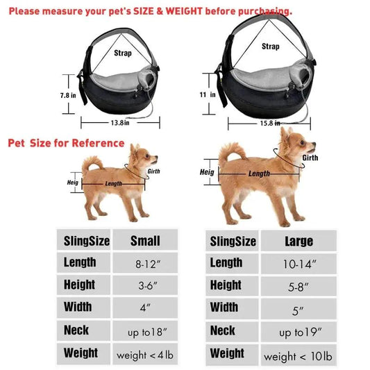 Breathable pet carrier sling bag for small pets, black with gray cushion, small and large sizes (S/L) on Tampa Home & Garden Store