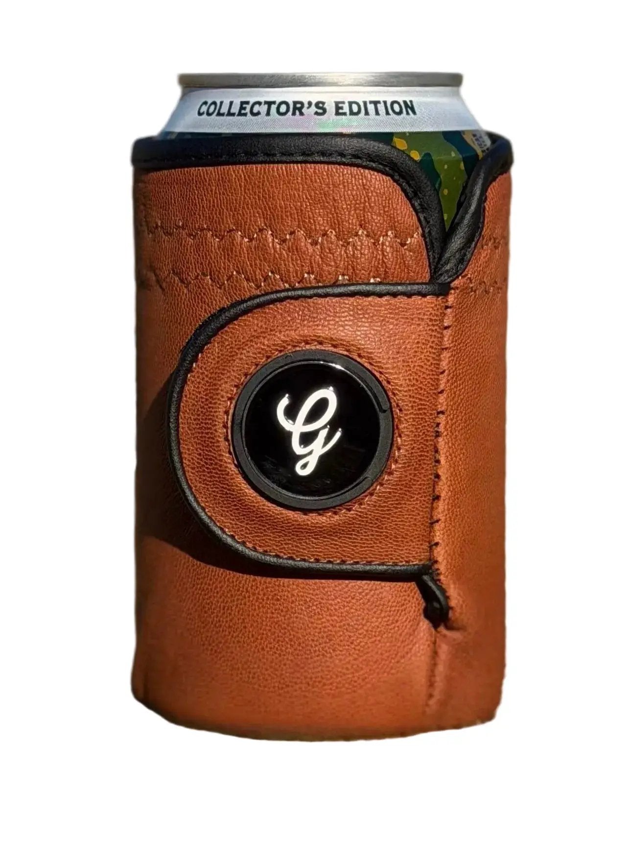 Gloozie British tan cabretta leather beverage holder for cans with circular logo badge on Tampa Home & Garden Store