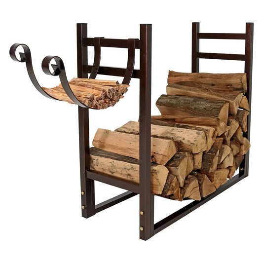 Bronze metal outdoor firewood log rack with curved scroll Kindle holder storing firewood on Tampa Home & Garden Store