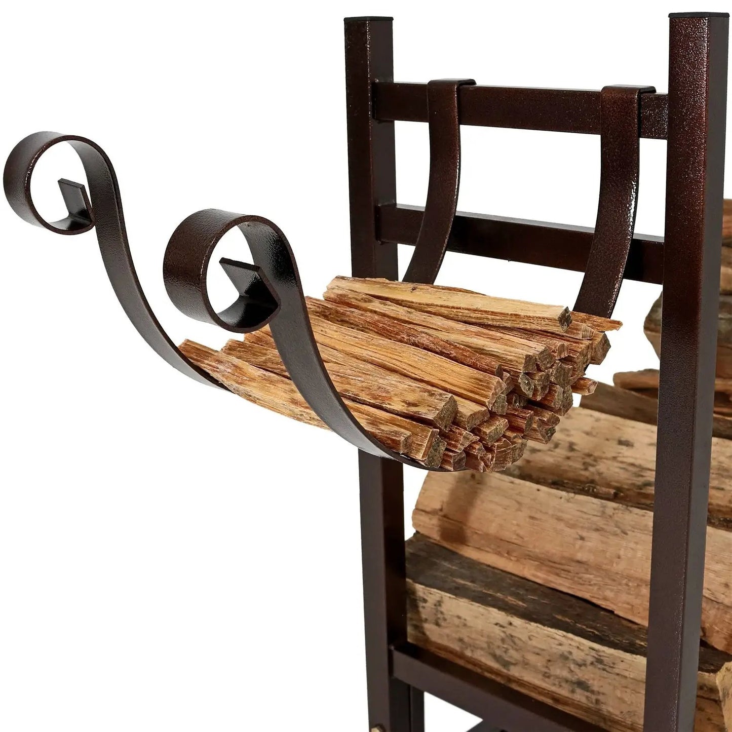 Bronze outdoor firewood log rack with decorative scroll arms and Kindle holder on Tampa Home & Garden Store