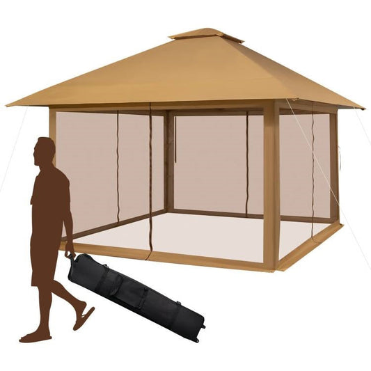 Brown 13 x 13 Ft Pop-Up Gazebo Outdoor Canopy w/ Mesh Mosquito Netting Sidewalls - Tampa Home & Garden Store