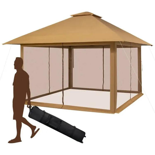 Brown 13 x 13 Ft Pop-Up Gazebo Outdoor Canopy w/ Mesh Mosquito Netting Sidewalls - Tampa Home & Garden Store