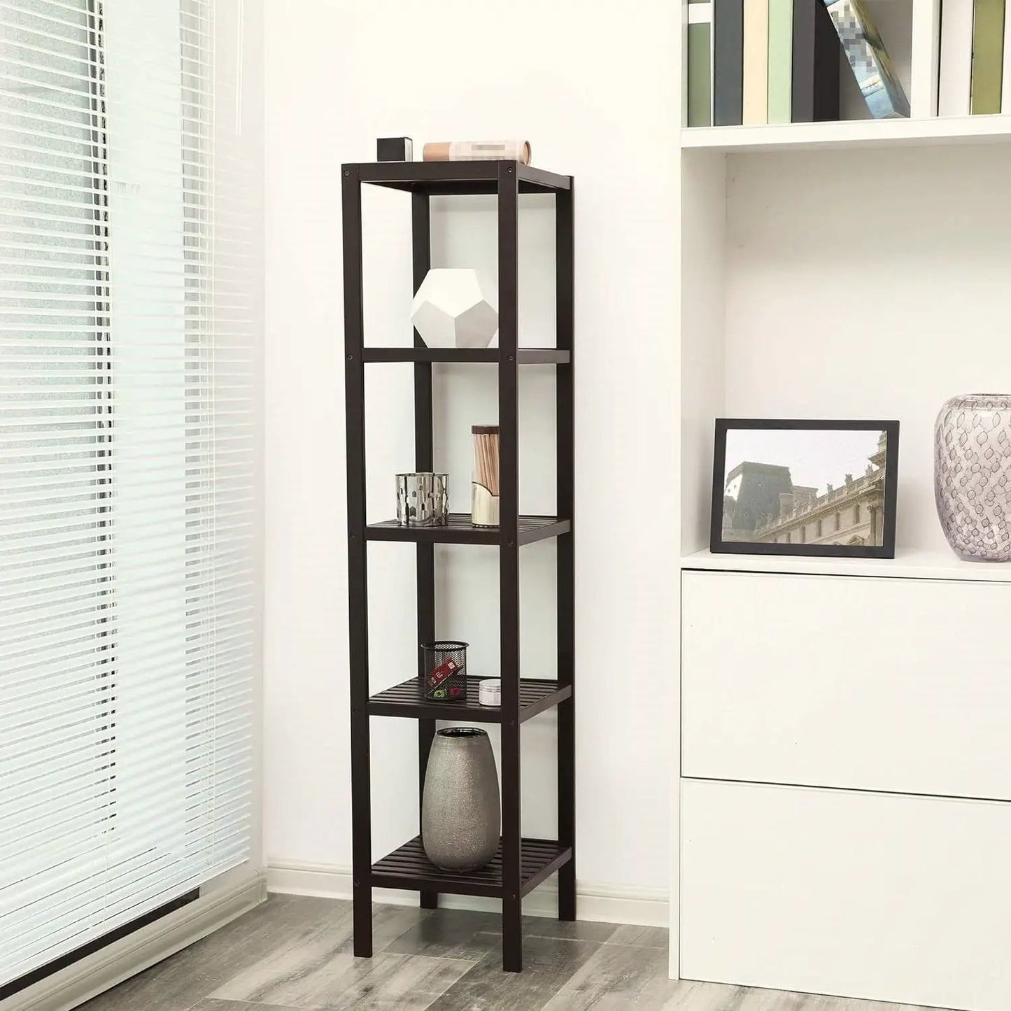 Brown Bamboo Wood 4-Shelf Versatile Storage Unit Rack Narrow Bookcase - Tampa Home & Garden Store