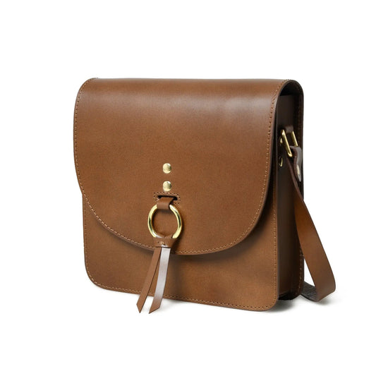 Brown Elegant Leather Crossbody Sling Bag with front flap and gold-tone hardware on Tampa Home & Garden Store