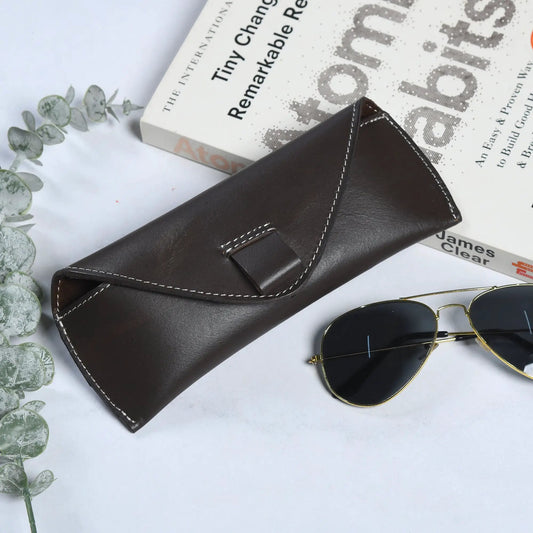 Brown genuine leather sunglass case with white contrast stitching for goggles on Tampa Home & Garden Store
