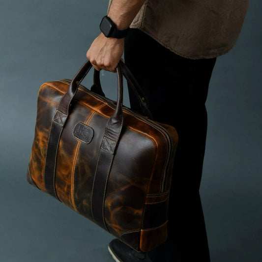 Brown Jefferson Leather Briefcase by Classy Leather Bags with dark brown handles on Tampa Home & Garden Store