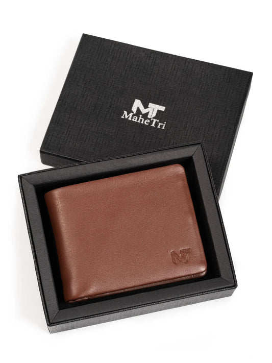 Brown leather Kodiak slim bifold wallet for men with MT embossed logo in MaheTri packaging on Tampa Home & Garden Store