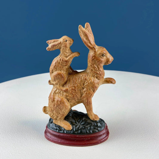 Brown mom bunny figurine carrying baby rabbit on her back ceramic decor on Tampa Home & Garden Store