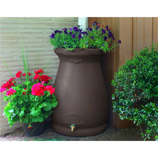 Brown Oak 65 Gallon Plastic Urn Rain Barrel with Planter Top - Tampa Home & Garden Store