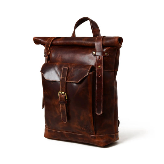 Brown Saddleback Leather Roll Top Backpack with brass hardware and front pocket on Tampa Home & Garden Store