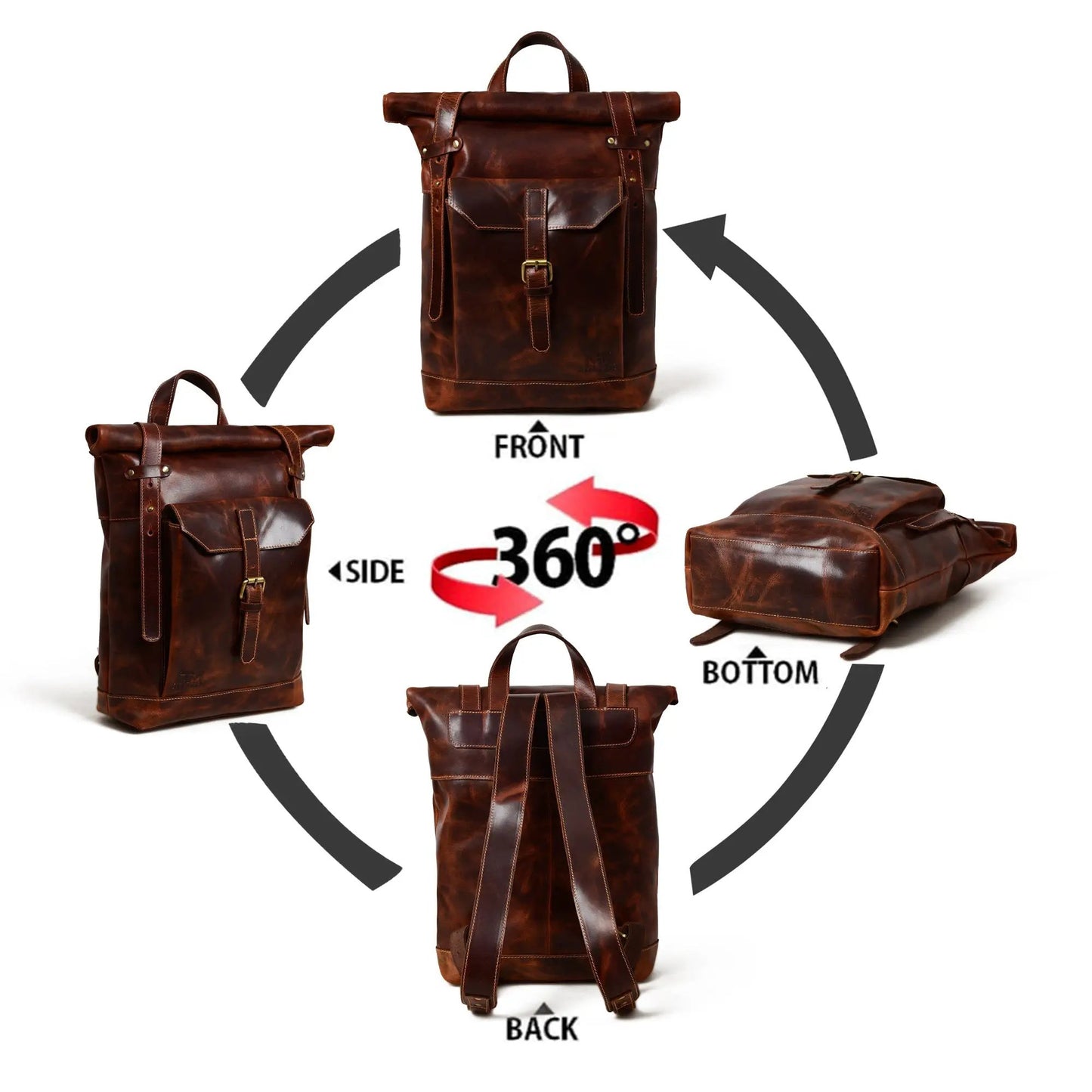 Brown Saddleback Leather Roll Top Backpack with front pocket and buckle 360 view on Tampa Home & Garden Store