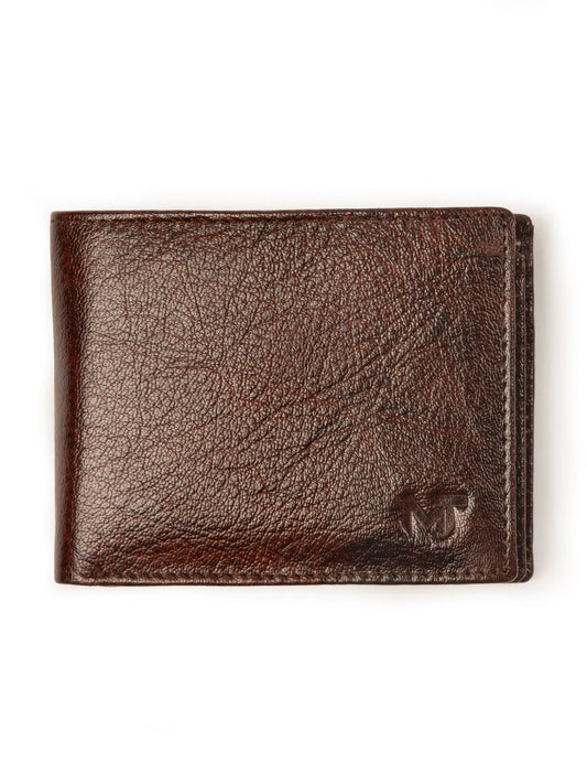 Brown Sleek Fit Leather Wallet with card slots, textured full-grain leather, embossed M logo on Tampa Home & Garden Store