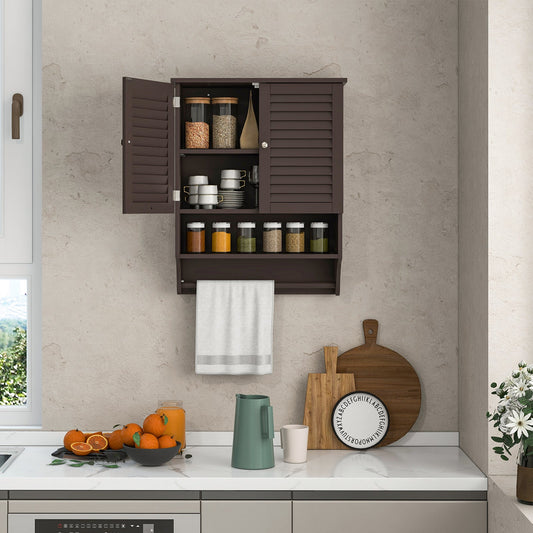2-Doors Bathroom Wall-Mounted Medicine Cabinet with Towel Bar-Brown - Tampa Home & Garden Store