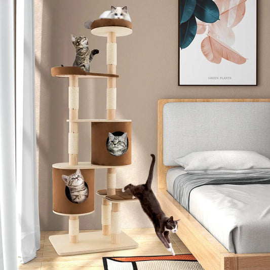 6-Tier wooden cat tree with condos, perches and sisal posts; kittens play on Tampa Home & Garden Store