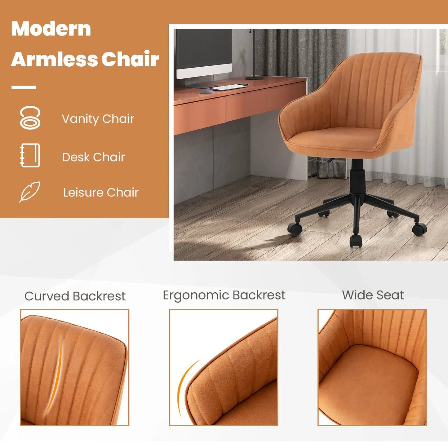 Modern Home Office Chair with Curved Back, orange-brown upholstery and wheeled base on Tampa Home & Garden Store