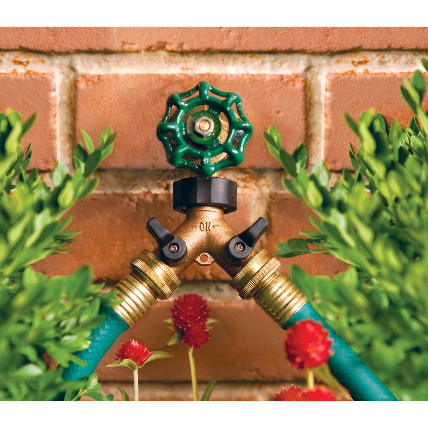 Brass 2-Way Shut-Off Hose Y Adapter with green wheel valve Orbit Irrigation on Tampa Home & Garden Store