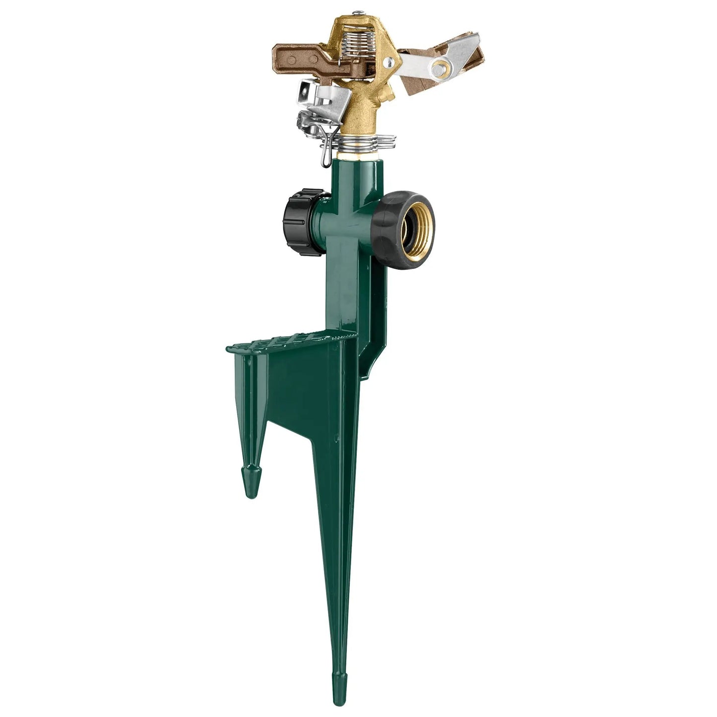 Brass impact sprinkler on green metal step spike for large-area irrigation on Tampa Home & Garden Store