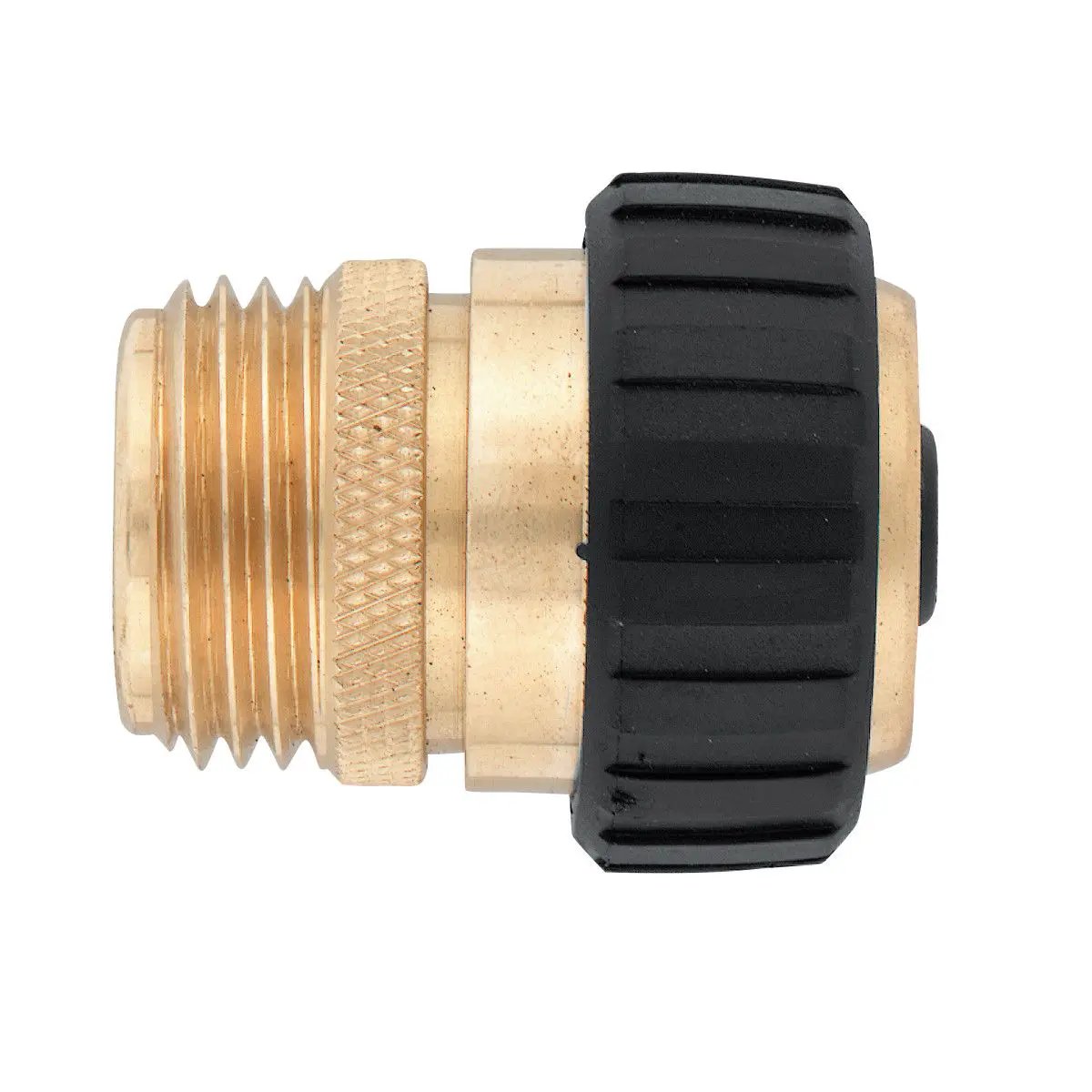 Brass hose mender 5/8 in, Orbit Irrigation, brass body with black knurled cap on Tampa Home & Garden Store