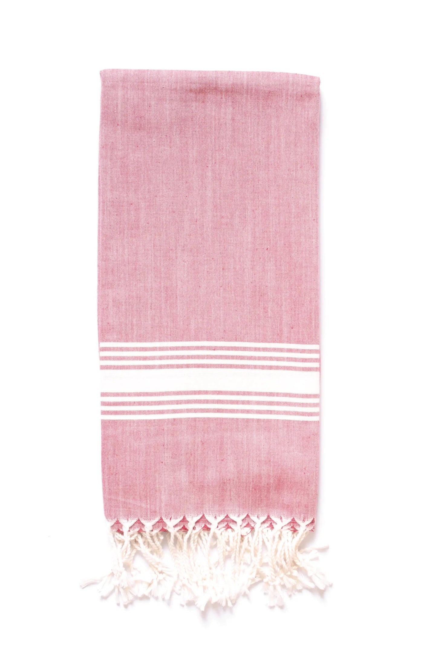 Buenos Aires Turkish Beach Towel Blush and White with white stripe border and tassel fringe on Tampa Home & Garden Store