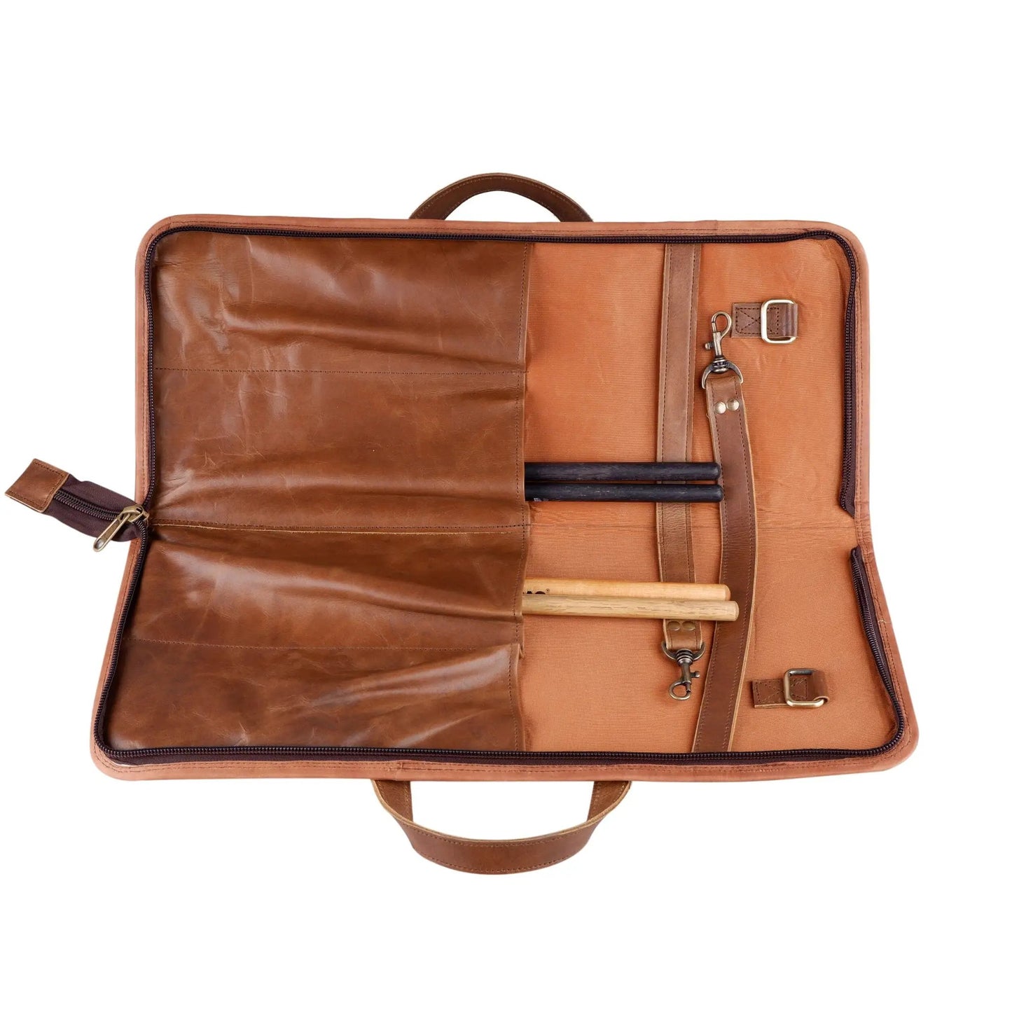 Buffalo Leather Drumsticks Bag for Professionals brown leather case opened to show 4 drumsticks on Tampa Home & Garden Store