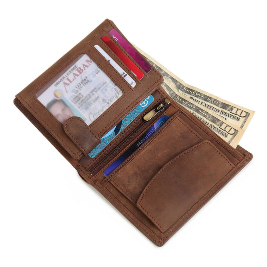 Buffalo leather vertical men's wallet brown with card slots and clear ID window on Tampa Home & Garden Store