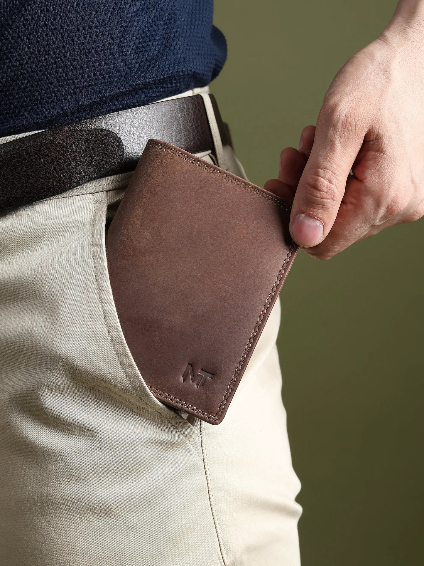 Buffalo Leather Men's Wallet Vertical brown with stitched edges embossed logo pocket view on Tampa Home & Garden Store
