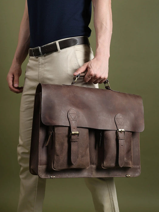 Buffalo Leather Messenger Bag with top handle, brown finish, front pockets on Tampa Home & Garden Store