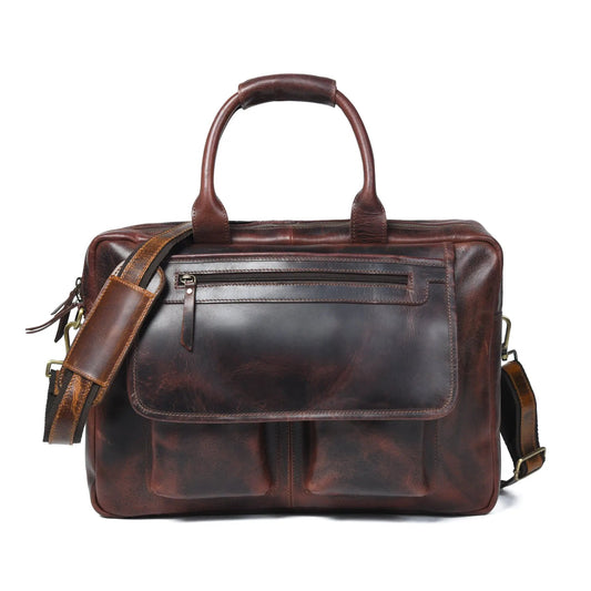 Buffalo Leather Pilot Bag briefcase in brown with top handle and front zip pocket on Tampa Home & Garden Store