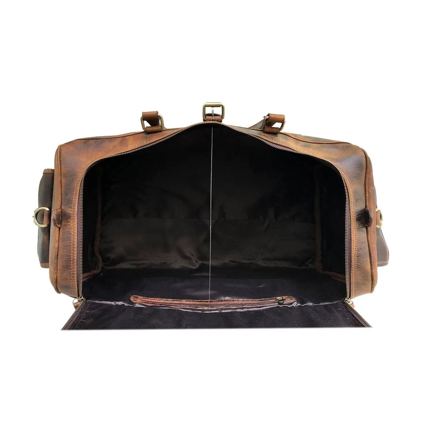 Roosevelt Buffalo Weekender leather duffel bag in distressed brown with brass hardware and black interior on Tampa Home & Garden Store