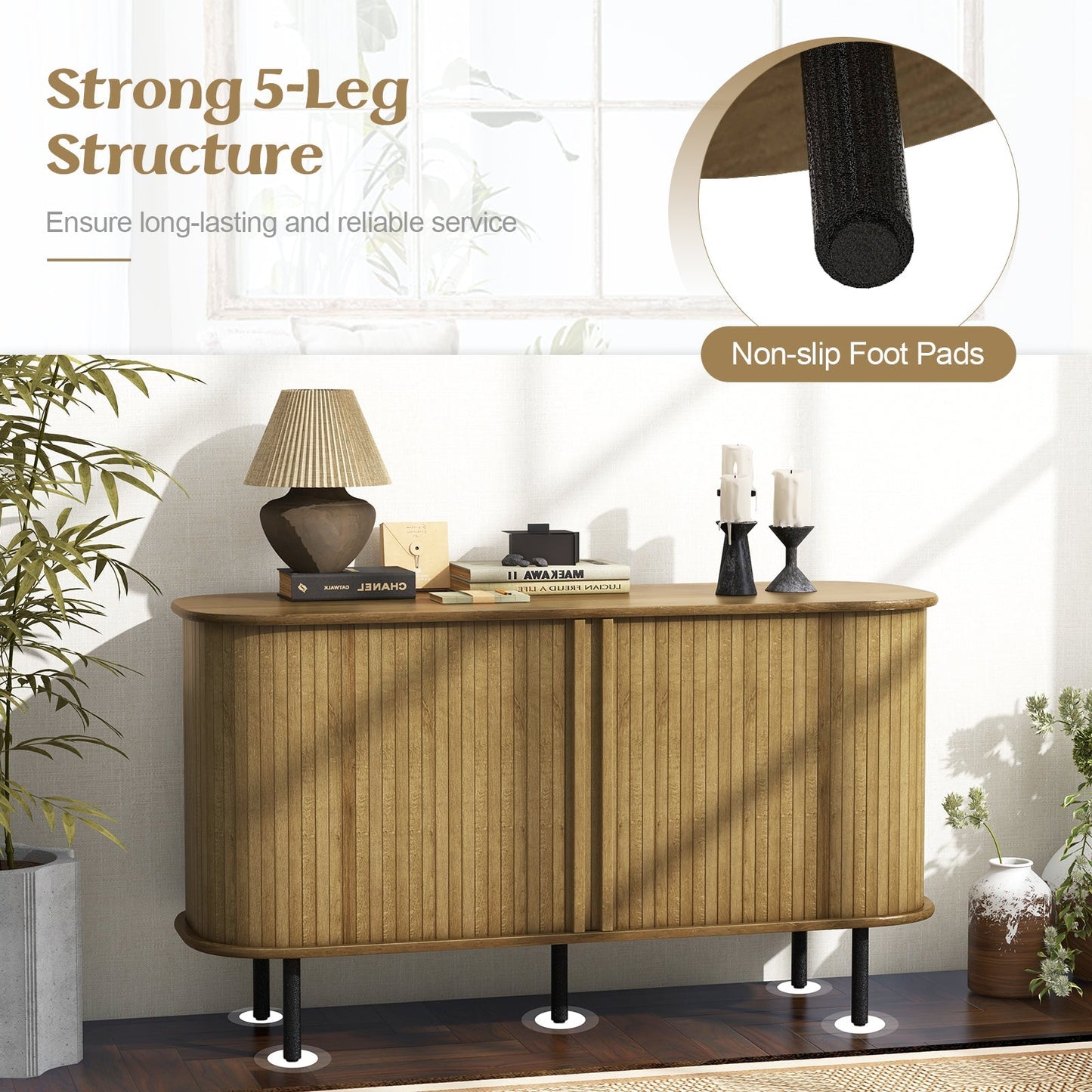 47 Inch oak sideboard buffet cabinet with adjustable shelves and ribbed panels, black legs on Tampa Home & Garden Store