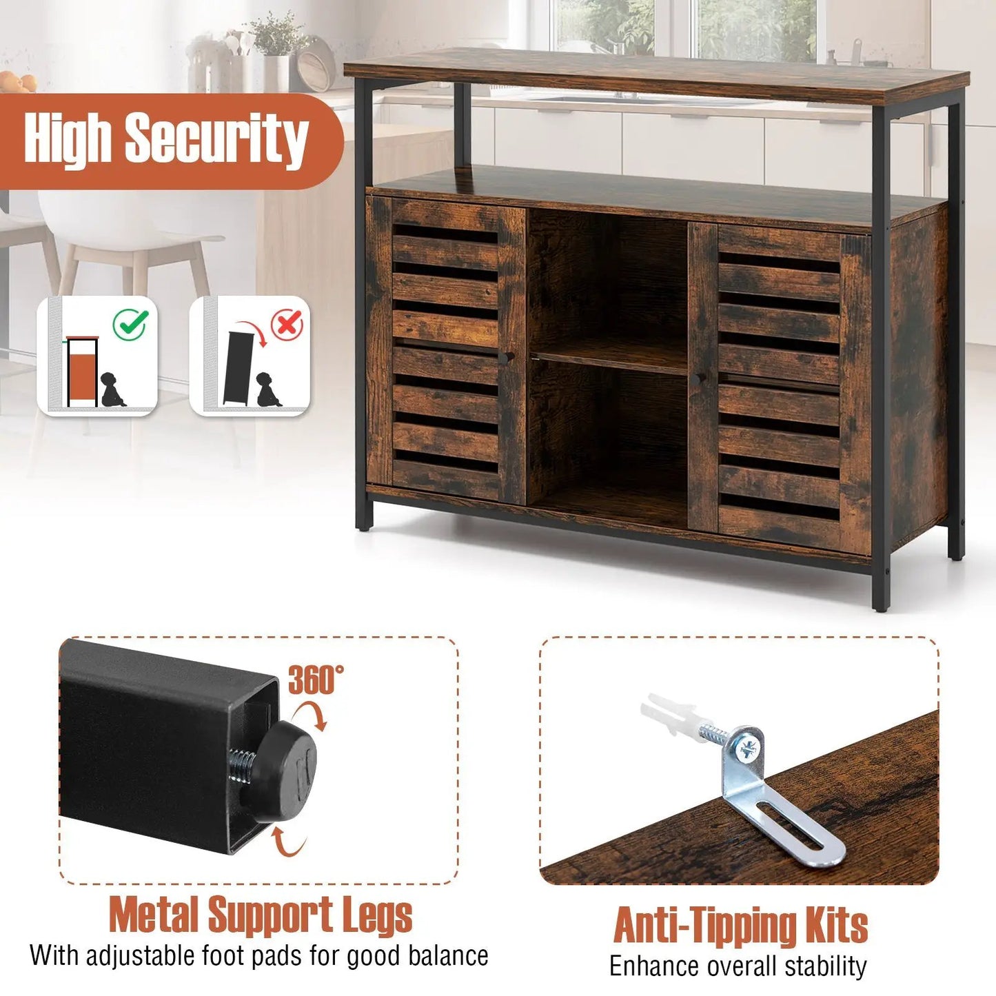 Buffet Cabinet Industrial Sideboard Storage Cabinet with Push-to-Open Slatted Door and 3 Adjustable Shelves-Rustic Brown - Tampa Home & Garden Store