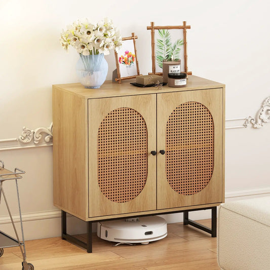 Buffet cabinet rattan storage with 2 doors, natural wood finish and cane panels DirectDeals on Tampa Home & Garden Store