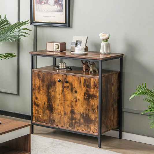 2-Door rustic brown buffet cabinet with shelves and black metal frame on Tampa Home & Garden Store