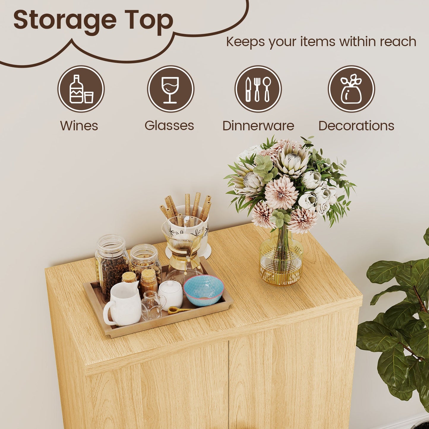Natural wood buffet cabinet with double doors, top tray of mugs and jars on Tampa Home & Garden Store