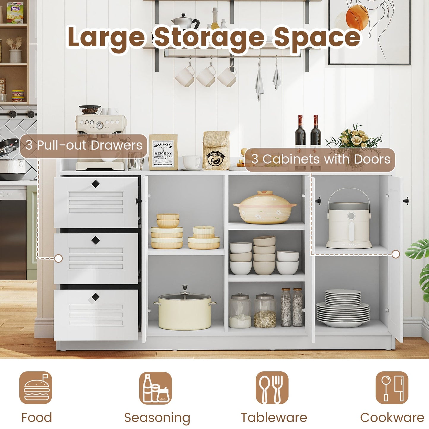 Buffet Cabinet with Storage 3-Door White by DirectDeals with 3 pull-out drawers on Tampa Home & Garden Store