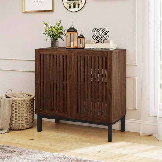 Walnut wood buffet cabinet with storage 32 inch, farmhouse slatted doors DirectDeals on Tampa Home & Garden Store