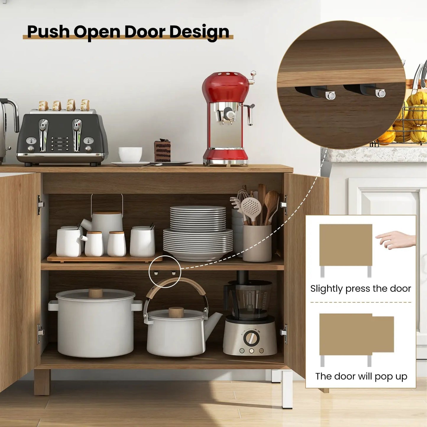 63-Inch Buffet Sideboard with 4 Compartments in finish; open doors reveal shelves DirectDeals on Tampa Home & Garden Store