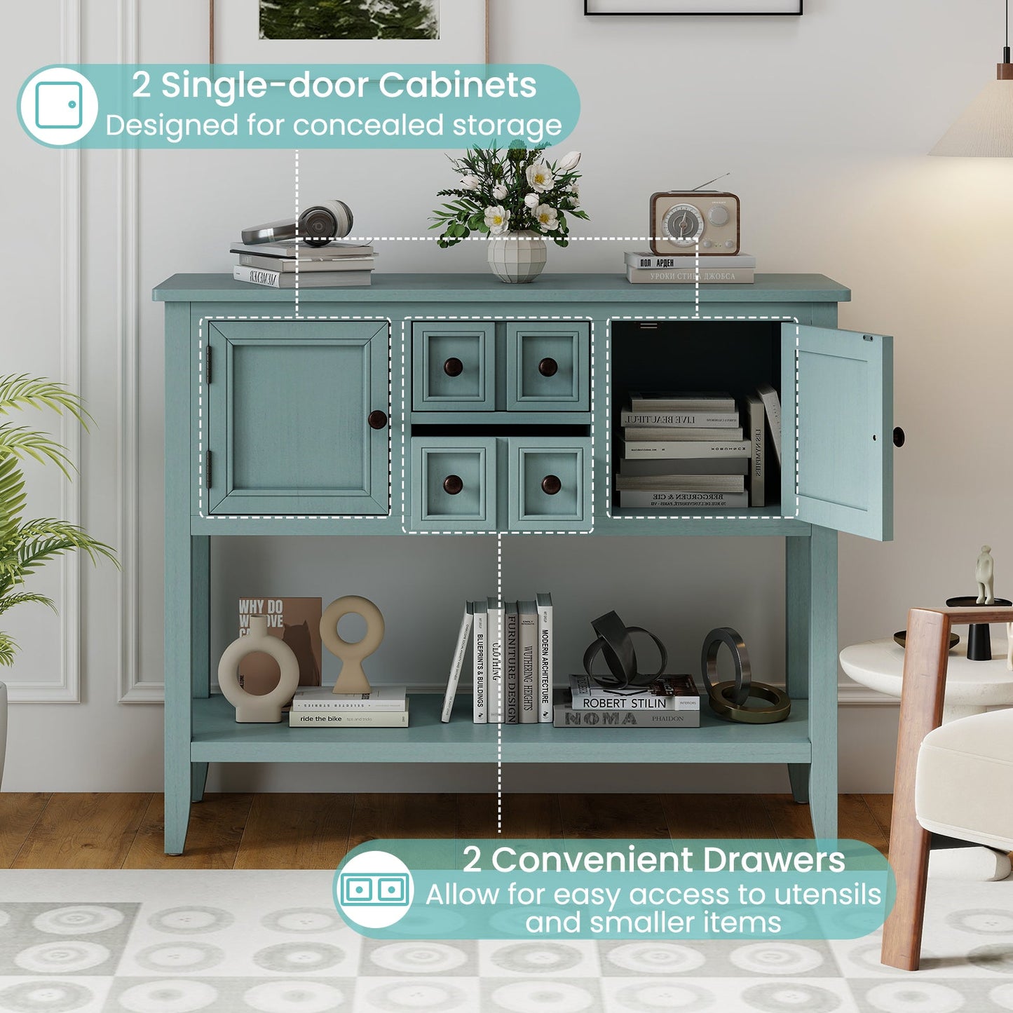 Buffet sideboard cabinet with 2 doors and 2 drawers in teal blue wood with top display on Tampa Home & Garden Store