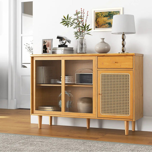 Modern Bamboo Buffet Sideboard with Glass Doors, natural bamboo finish, glass-front cabinets on Tampa Home & Garden Store