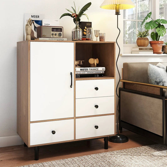 Buffet sideboard mid century with 4 white-front drawers and oak veneer frame with top decor on Tampa Home & Garden Store