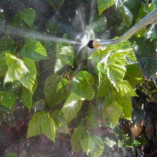 Bug Blaster Nozzle and Anti Bug Sprayer garden hose spray nozzle releasing mist over green leaves on Tampa Home & Garden Store