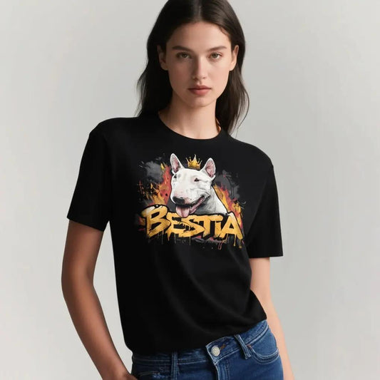 Classic black Bull Terrier T-shirt in cotton with crowned bull graphic by Bestia Dog Gear on Tampa Home & Garden Store