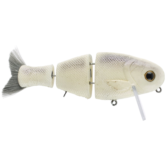 Bull Wake Knocker swimbait by Bull Shad Swimbaits, pale cream segmented body with scales on Tampa Home & Garden Store
