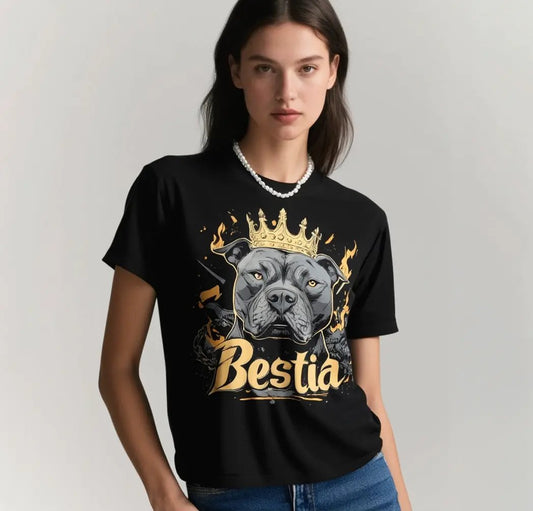 Pitbull T-shirt in black with a gold crowned pitbull graphic by Bestia Dog Gear on Tampa Home & Garden Store