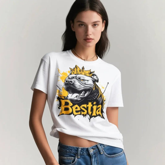 Pitbull T-shirt white graphic tee with Bestia Dog Gear logo and yellow crown on Tampa Home & Garden Store