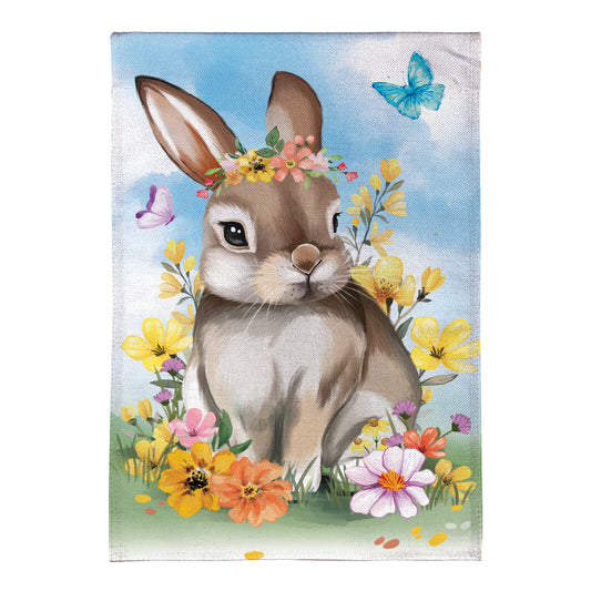 Bunny Blooms Floral Burlap House Flag with a flower crown bunny against sky and blooms on Tampa Home & Garden Store