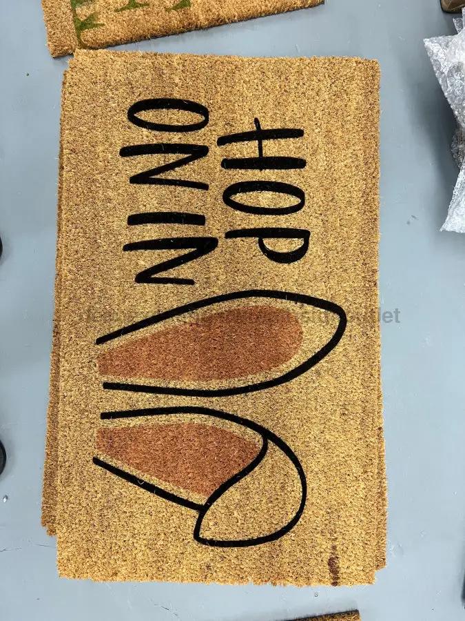 Hop On In Bunny Ears Doormat DecoExchange, coir door mat with black bunny ear graphic on Tampa Home & Garden Store