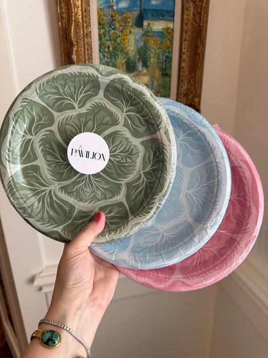 Bunny Green Melissa's Garden cabbage plates, 3 colors green blue pink, leaf pattern Pavilion on Tampa Home & Garden Store