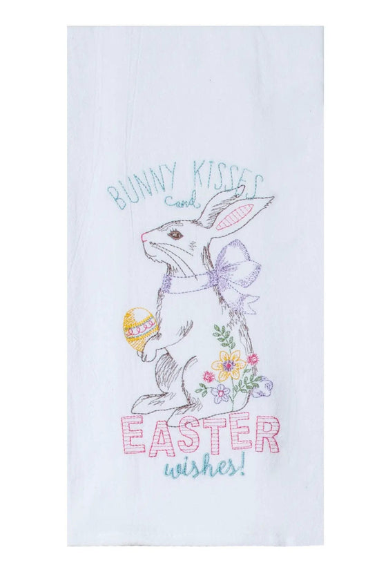 Bunny Kisses flour sack kitchen towel by Country Christmas Loft with Easter bunny illustration on Tampa Home & Garden Store